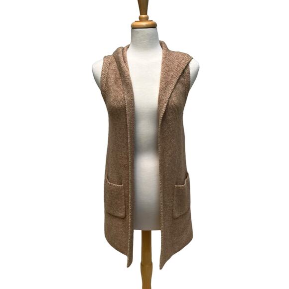 Tahari Cardigan Vest XS Wool Blend Open Sweater Tan Pockets Hooded Minimalist - Picture 1 of 7